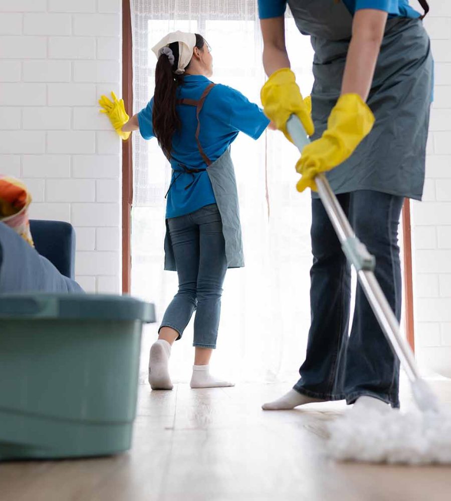 Two young women in uniform are cleaning the living room at home.